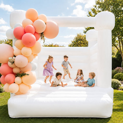10' x 10' PVC White Bounce House with Air Blower, Flap Top Inflatable Bouncer for Kids Birthday Parties, Weddings & Backyard Events