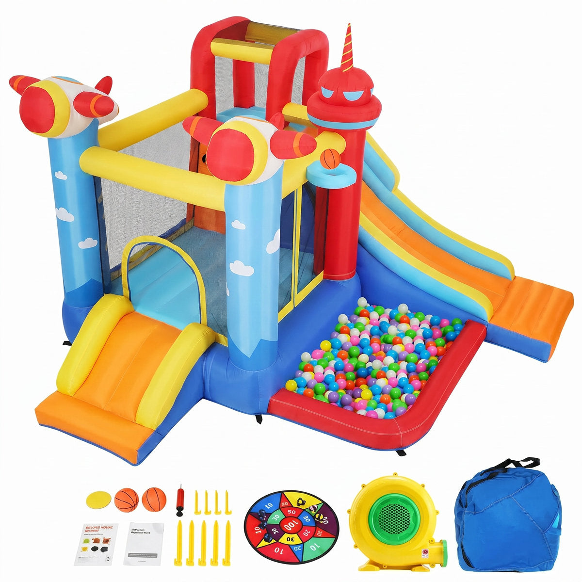 11.3' ×11.1' Inflatable Bounce House With Air Blower, Long Slide, Pool, Climbing Wall For Backyard Water Park Birthday Party