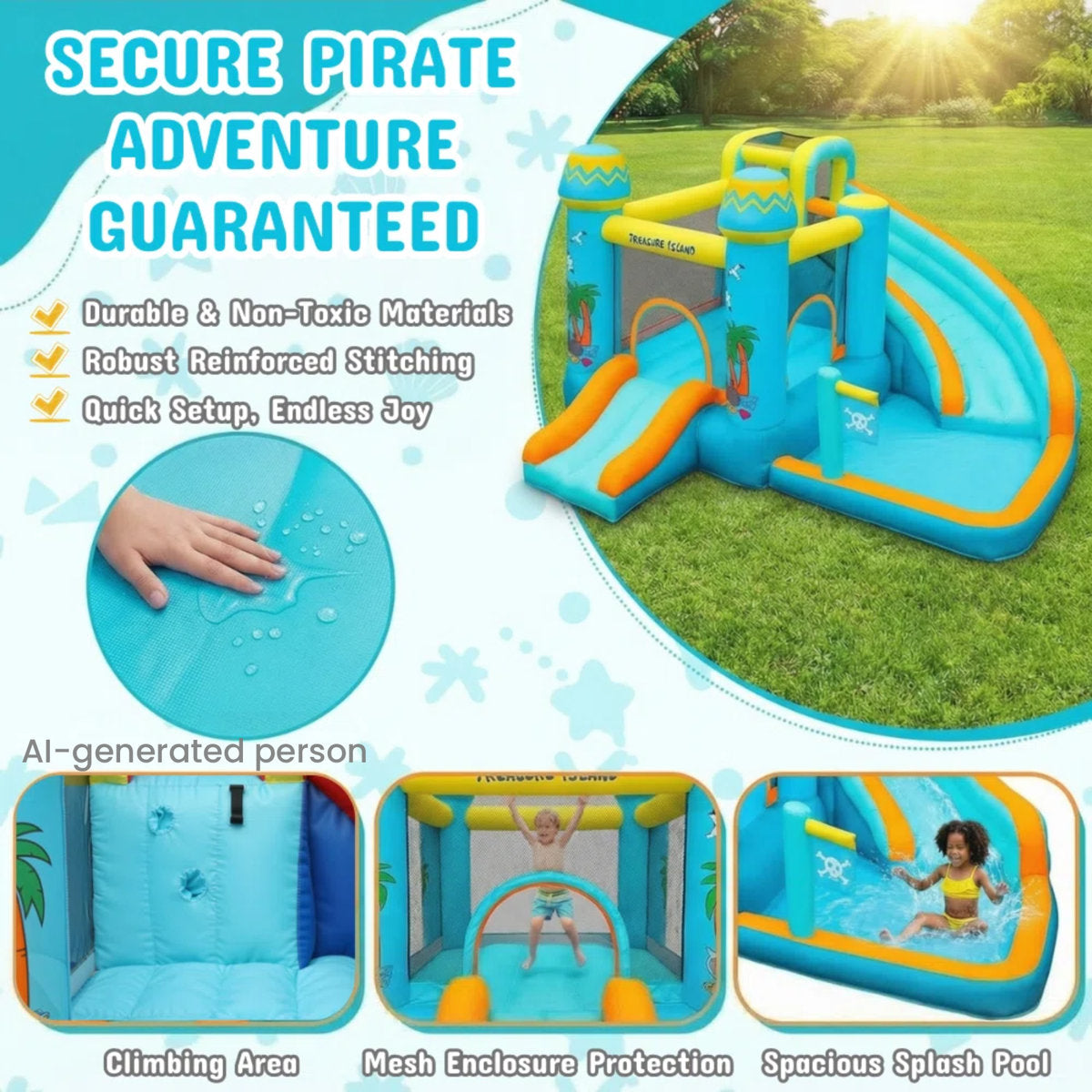 11' x 11' Treasure Island Inflatable Bounce House with Dual Water Slides, Splash Pool & 450W Air Blower for Kids Backyard Water Park