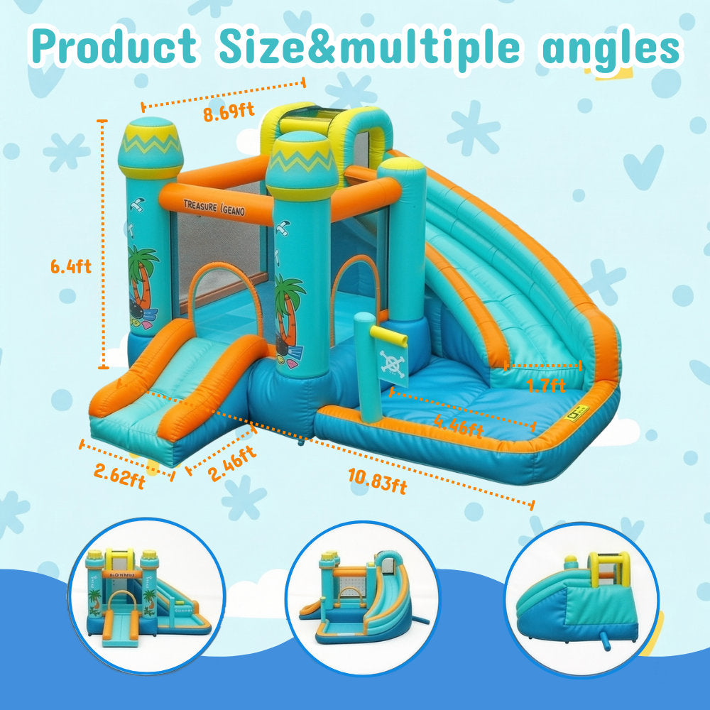 11' x 11' Treasure Island Inflatable Bounce House with Dual Water Slides, Splash Pool & 450W Air Blower for Kids Backyard Water Park