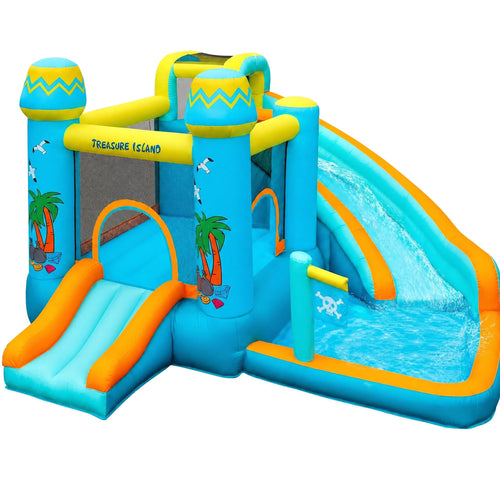 11' x 11' Treasure Island Inflatable Bounce House with Dual Water Slides, Splash Pool & 450W Air Blower for Kids Backyard Water Park
