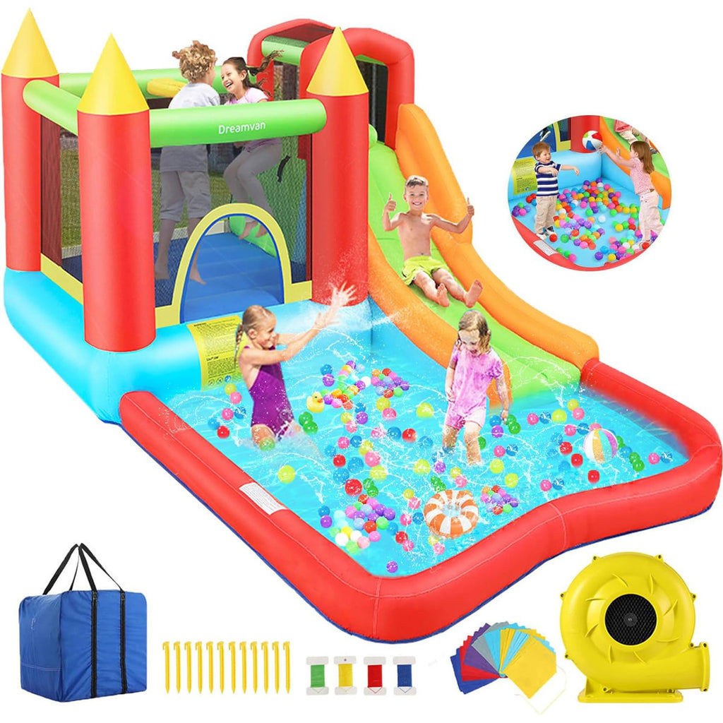 Adam 12.17' x 8.5' Kids Water Bounce House with Water Slide,Ball Pit,Air Blower,Indoor Outdoor Dry Wet Use, Best Kids Grandkids Birthday Gift