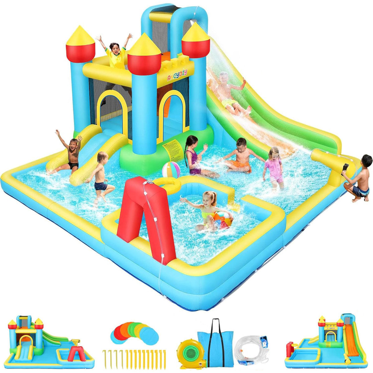 Lumen 6-in-1 Inflatable Water Slide with Splash Pool, Slide, Climbing Wall, Water Cannon, Inflatable Bounce House for Kids with Inflation and Air Blower
