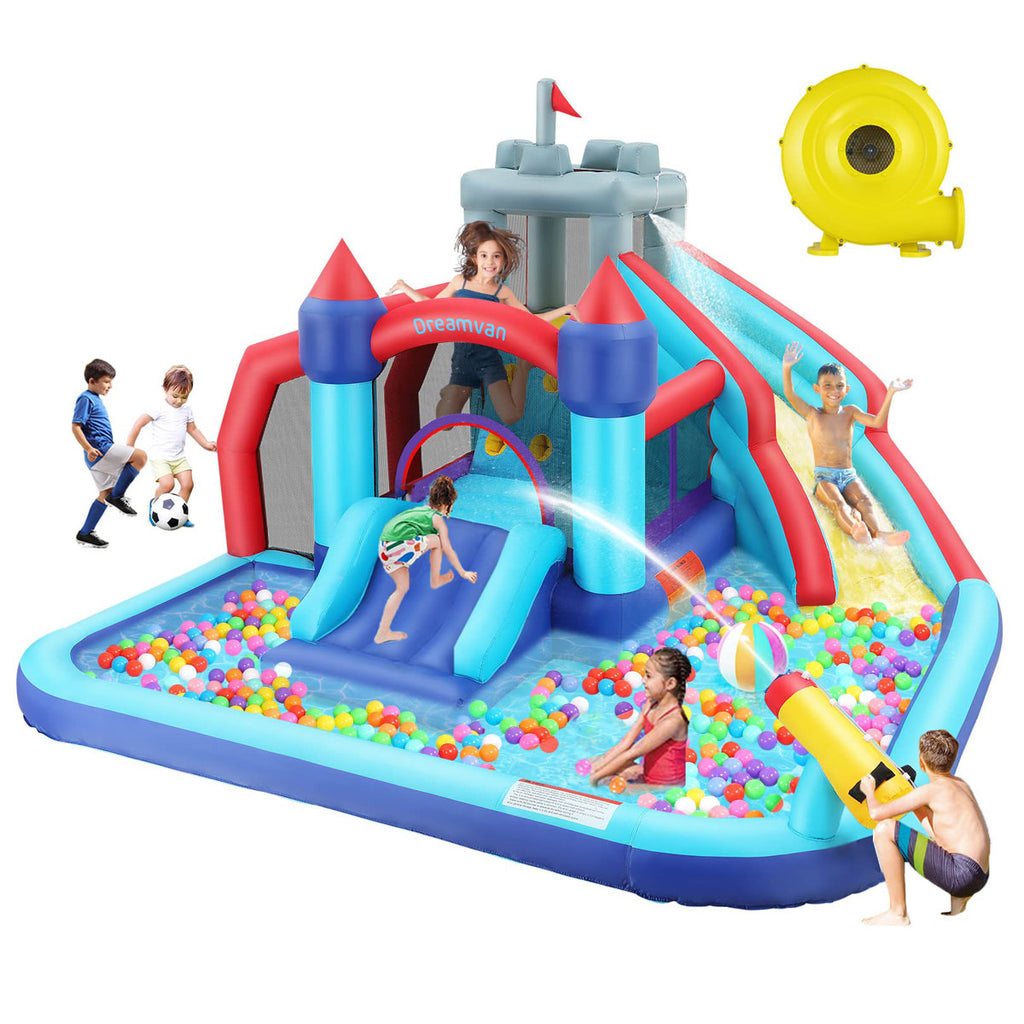 Adam 15.6ft x 11ft Inflatable Water Slide 13-in-1 Outdoor Inflatable Bounce House for Kids with 550W Blower, Splash Pool, Climbing Wall, 2 Water Cannons, Water Slides, Punching Game for Gift Backyard Party (Water Bounce House)
