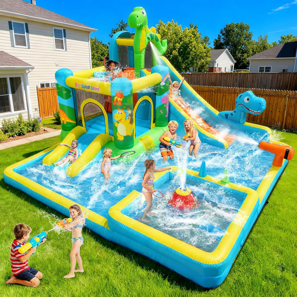 Adam 13X10ft Mega Inflatable Water Slide Park With 520W Turbo Blower - 6.8FT Outdoor Giant Bounce House Combo, Commercial-Grade Slide & Basketball Hoop, 350LB Capacity Backyard Water Park For 5 Kids