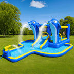 13.5Ft X 18.9Ft Inflatable Water Slide And Bounce House With Dolphin Sprinkler, Basketball Hoop, Water Gun, And Target Game