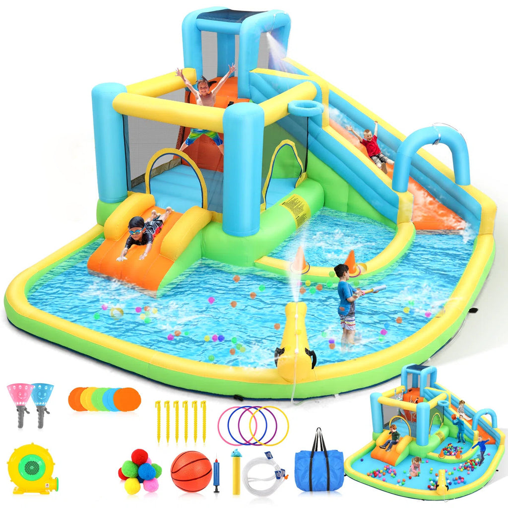 Adam 15.6ft x 11ft Inflatable Water Slide 13-in-1 Outdoor Inflatable Bounce House for Kids with 550W Blower, Splash Pool, Climbing Wall, 2 Water Cannons, Water Slides, Punching Game for Gift Backyard Party (Water Bounce House)