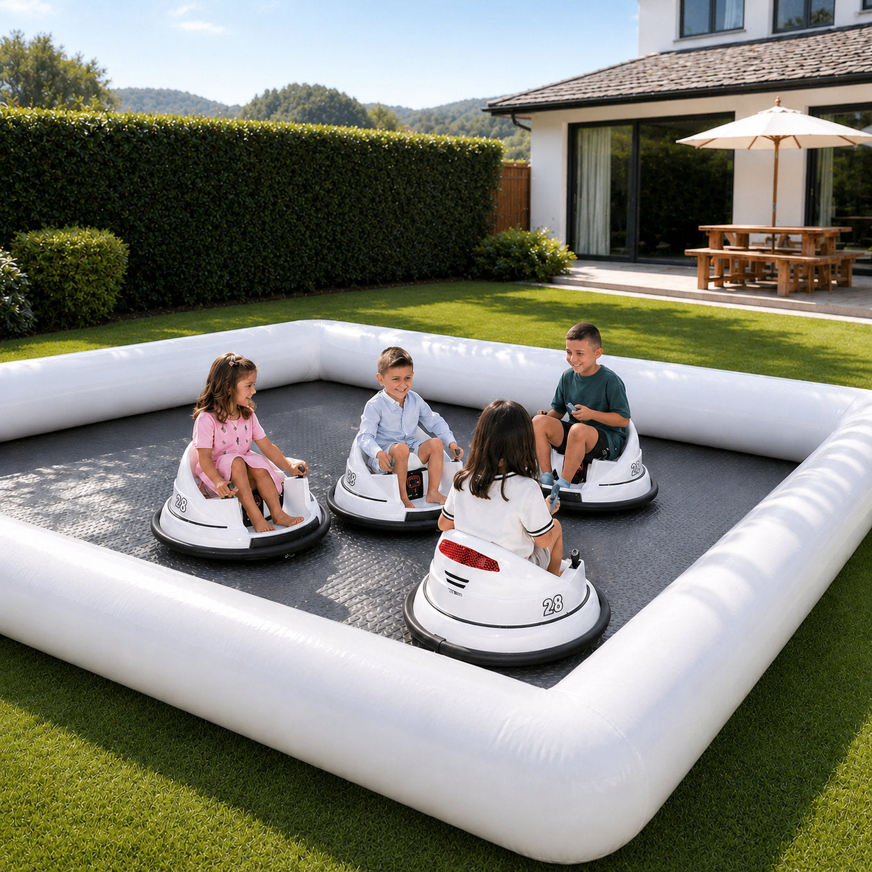 13' x 13' Inflatable Bumper Car Racing Track for Kids, PVC Backyard Racing Arena with Air Pump, Track Only, Cars Not Included