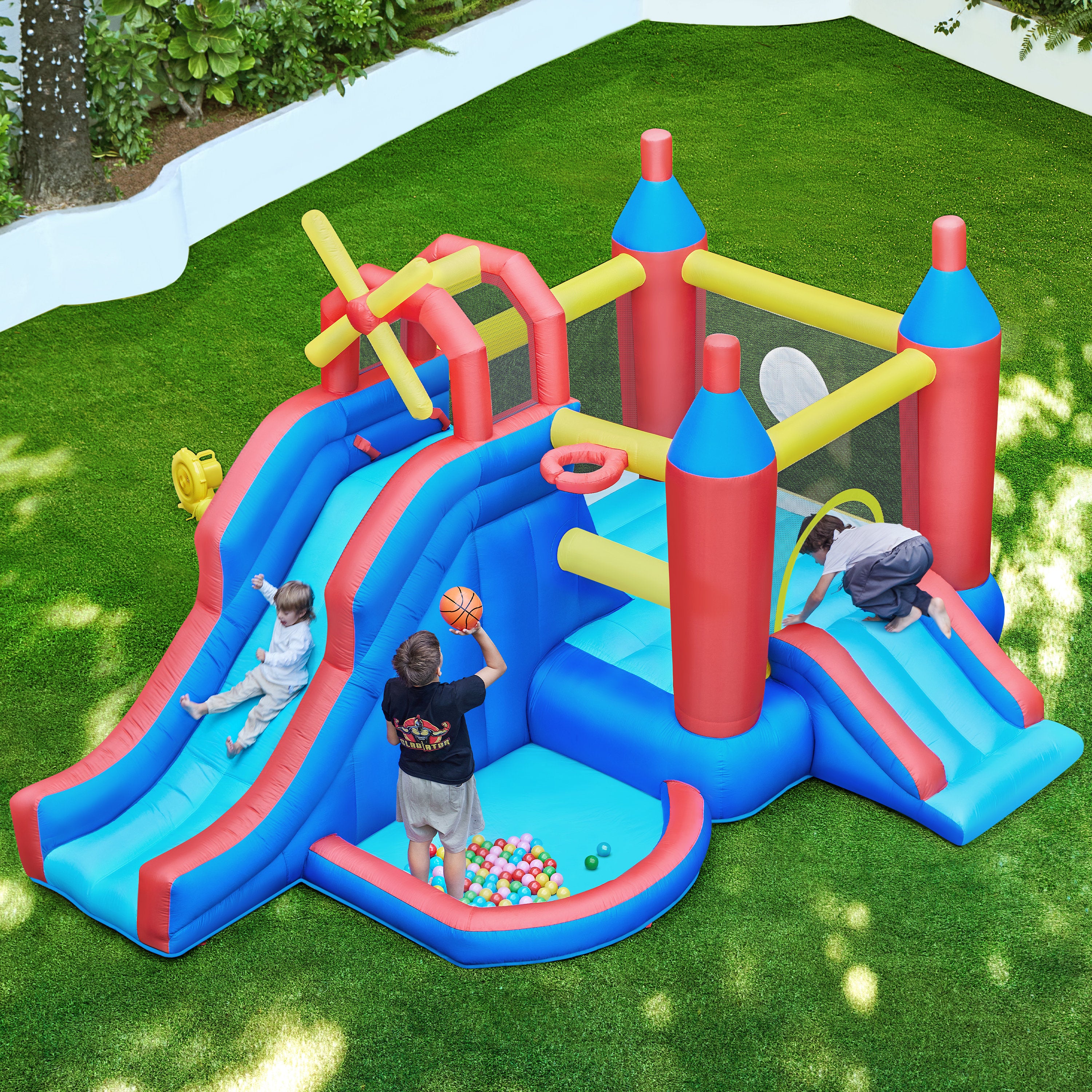 14' x 10' Inflatable Bounce House, Bouncy Castle With Double Slide & Ball Pit & Climbing Wall (Blower Included)