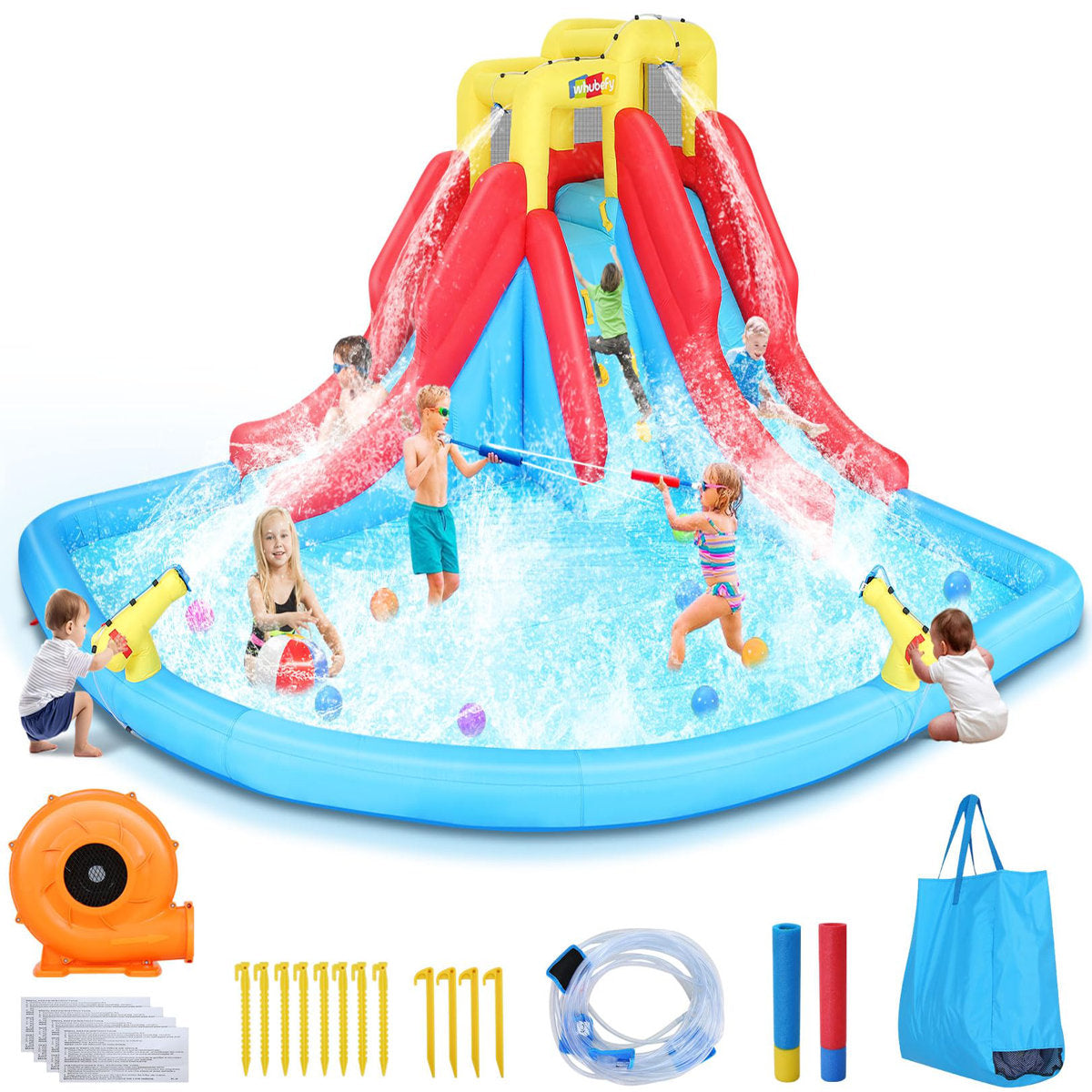Adam 13X10ft Mega Inflatable Water Slide Park With 520W Turbo Blower - 6.8FT Outdoor Giant Bounce House Combo, Commercial-Grade Slide & Basketball Hoop, 350LB Capacity Backyard Water Park For 5 Kids