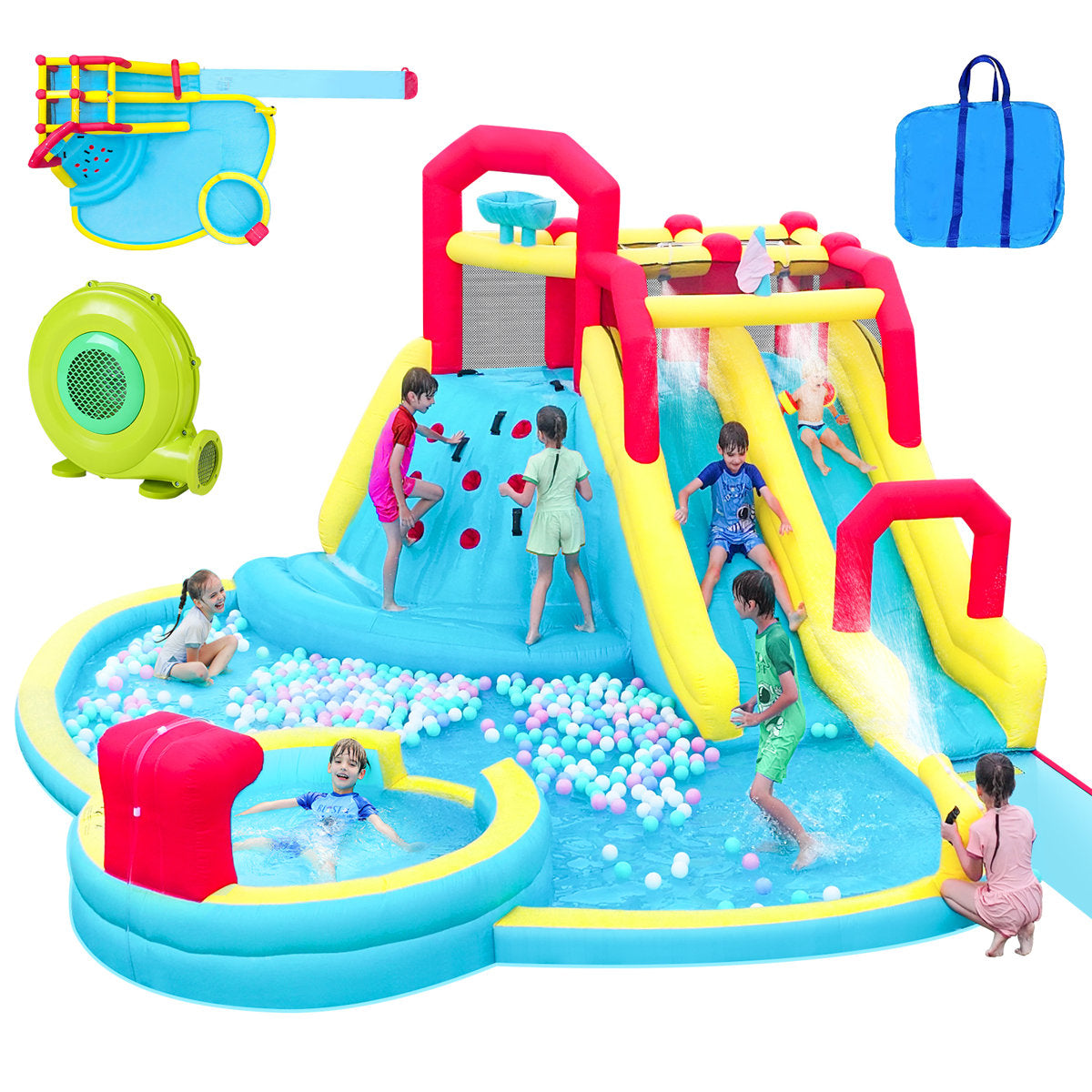 Inflatable Bounce House With Water Slide, W/Cloud Spray Water And 750W Air Blower
