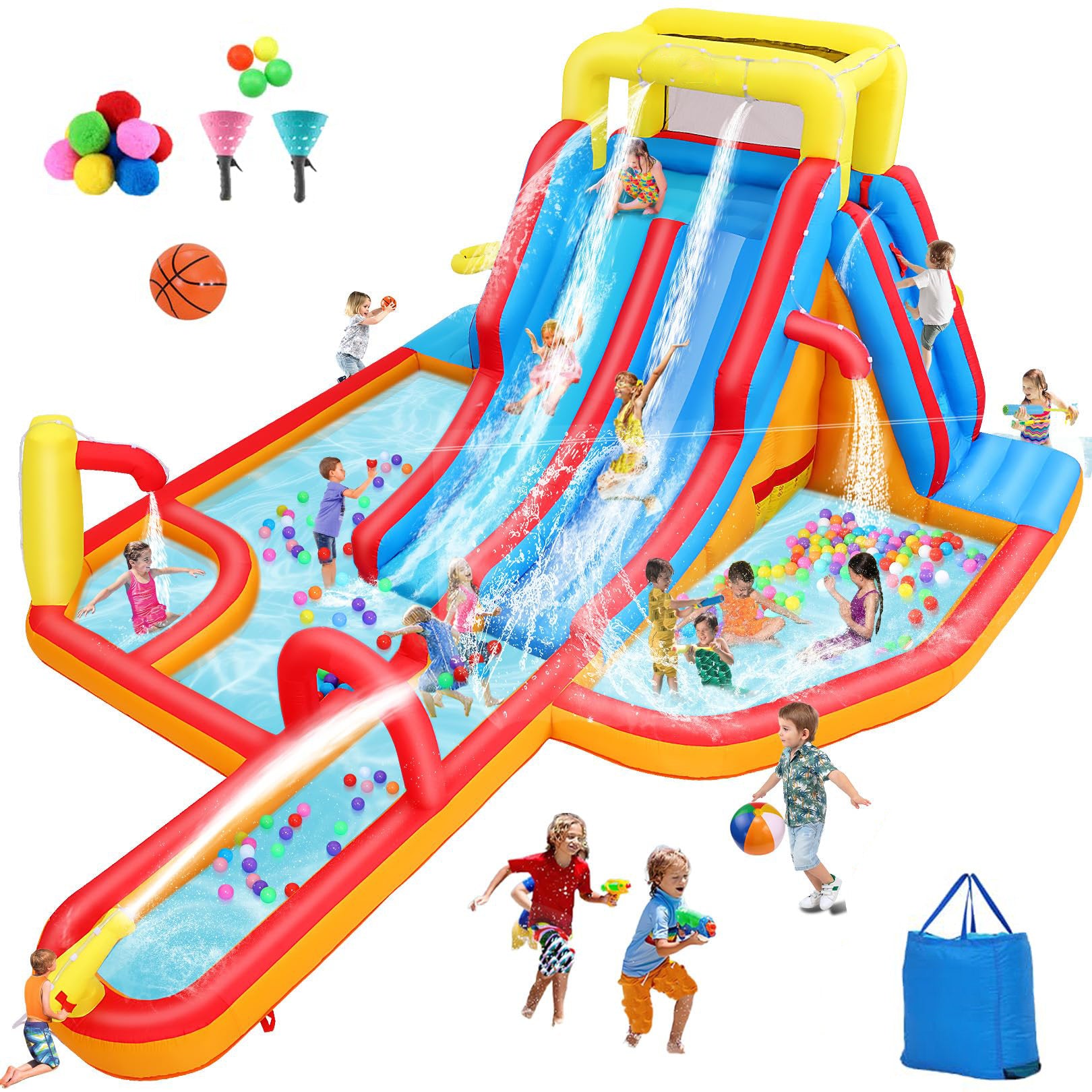 17.81' X 13.75' Inflatable Slide With Water Slide, 840D+420D Oxford Fabric, Long Slide/Splash Pool/10 Accessories, Suitable For 10 Kids, Indoor&Outdoor