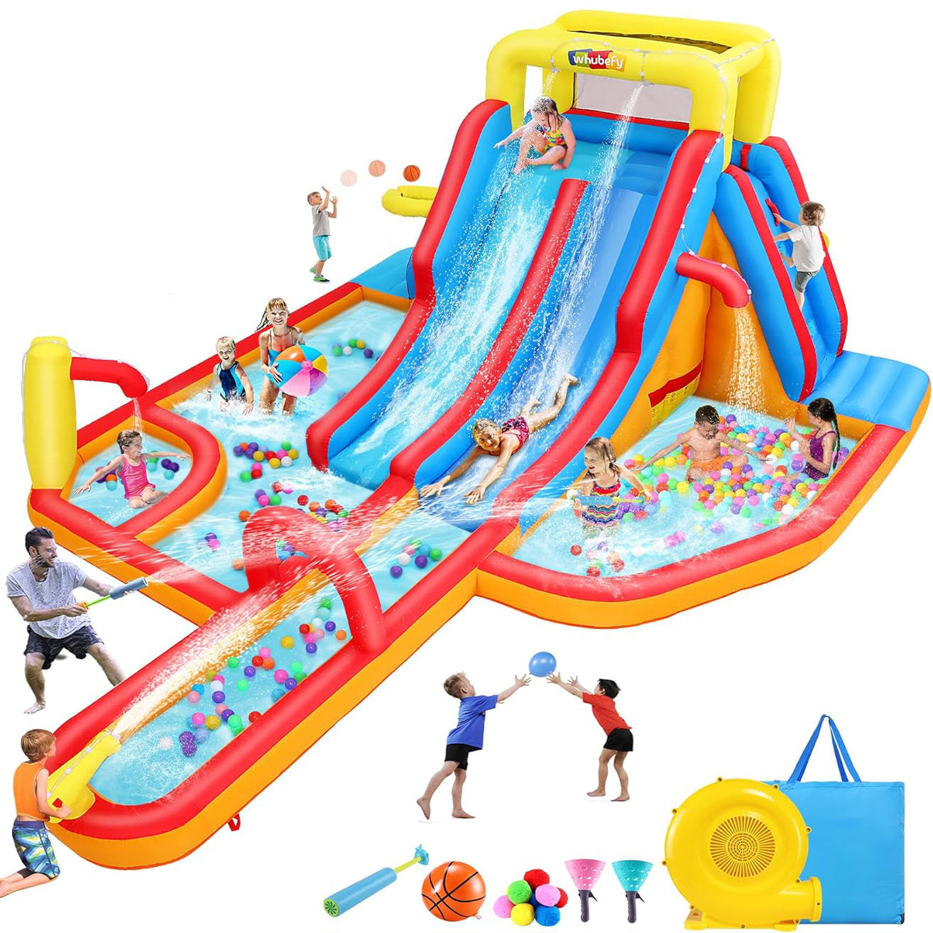 17.8' X 13.8' Giant Inflatable Water Slide Park, Large Waterslide Bounce House With Extra Long Slides, Splash Pool, Kiddie Pool For Kids Backyard Water Fun