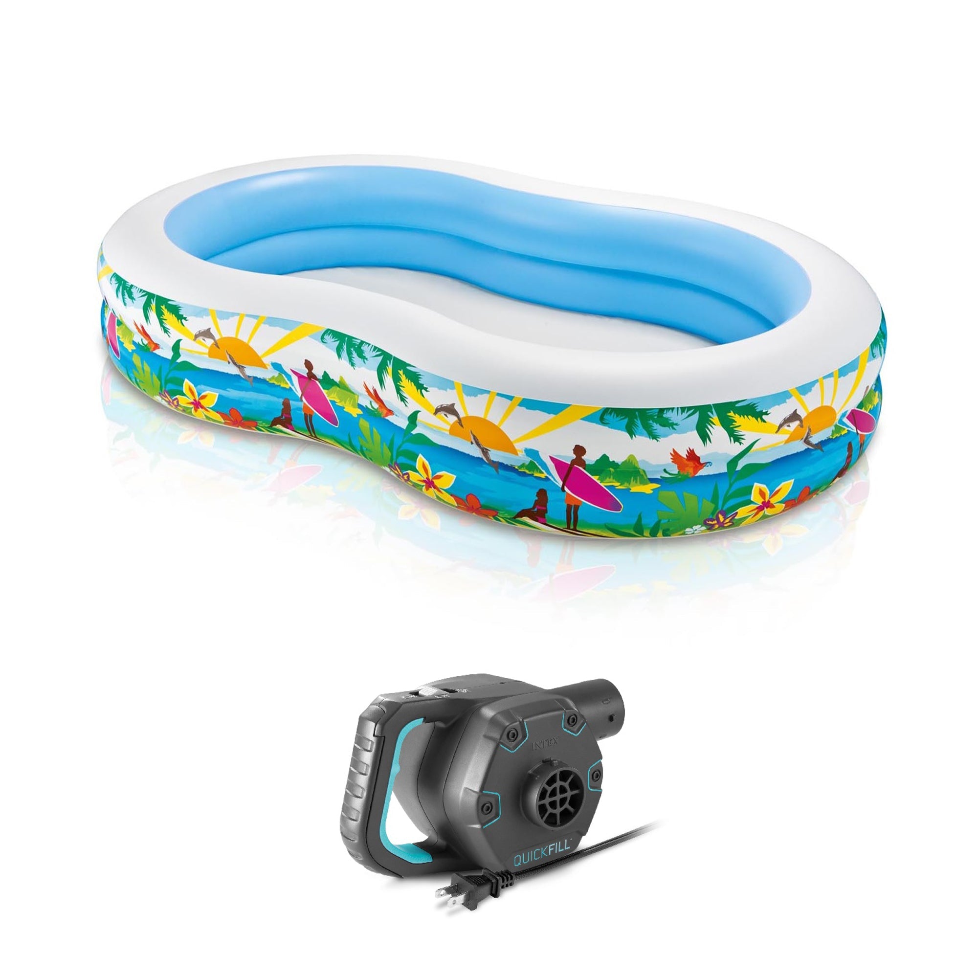 Intex 8.5’x5.25’x18” Seaside Paradise Inflatable Kiddie Pool & Electric Air Pump — image 1