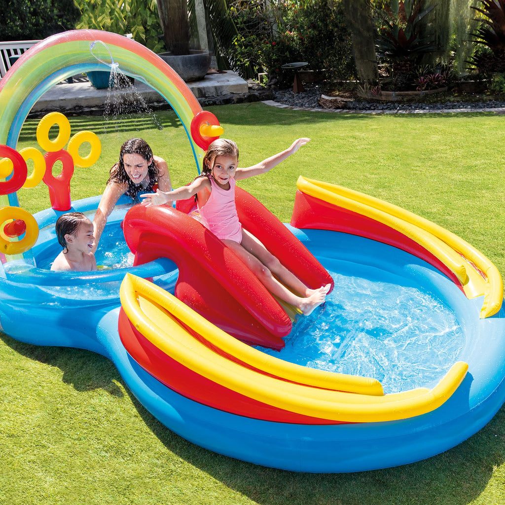 Intex 9.75 x 6.3 Foot Rainbow Slide Inflatable Pool and Water Slide Ring Center — image 7