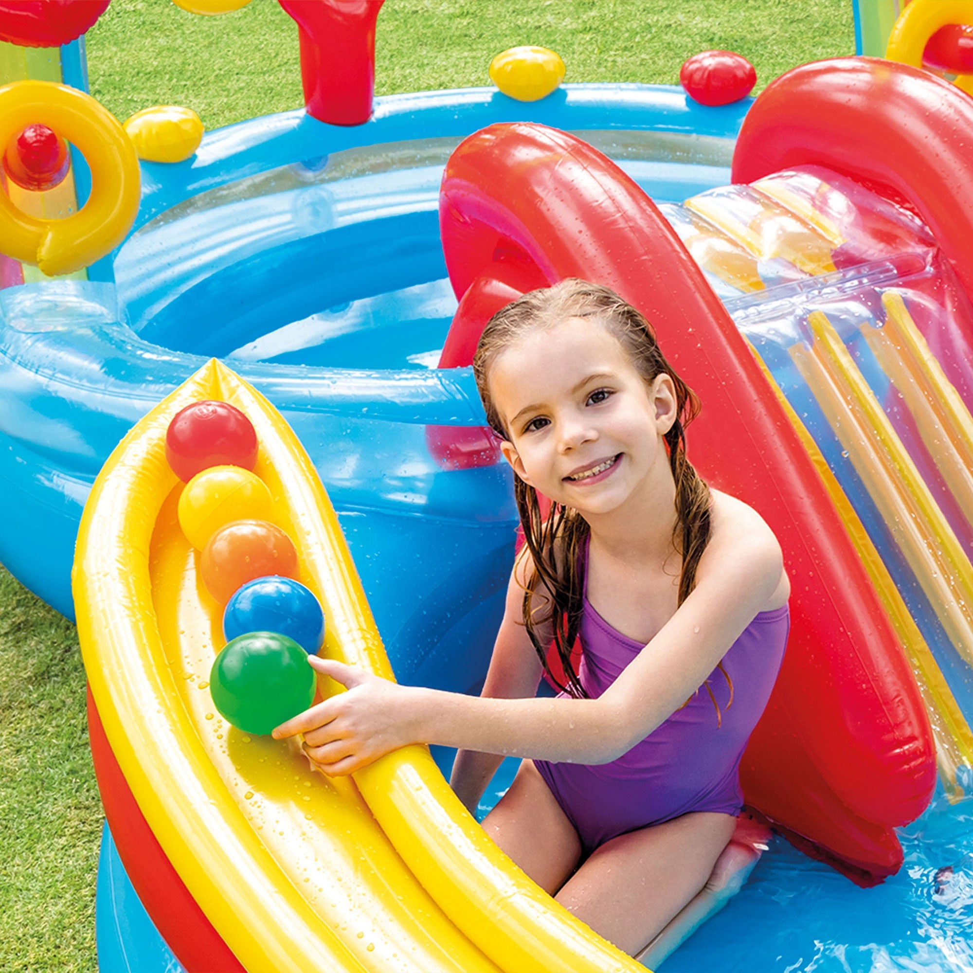 Intex 9.75 x 6.3 Foot Rainbow Slide Inflatable Pool and Water Slide Ring Center — image 9