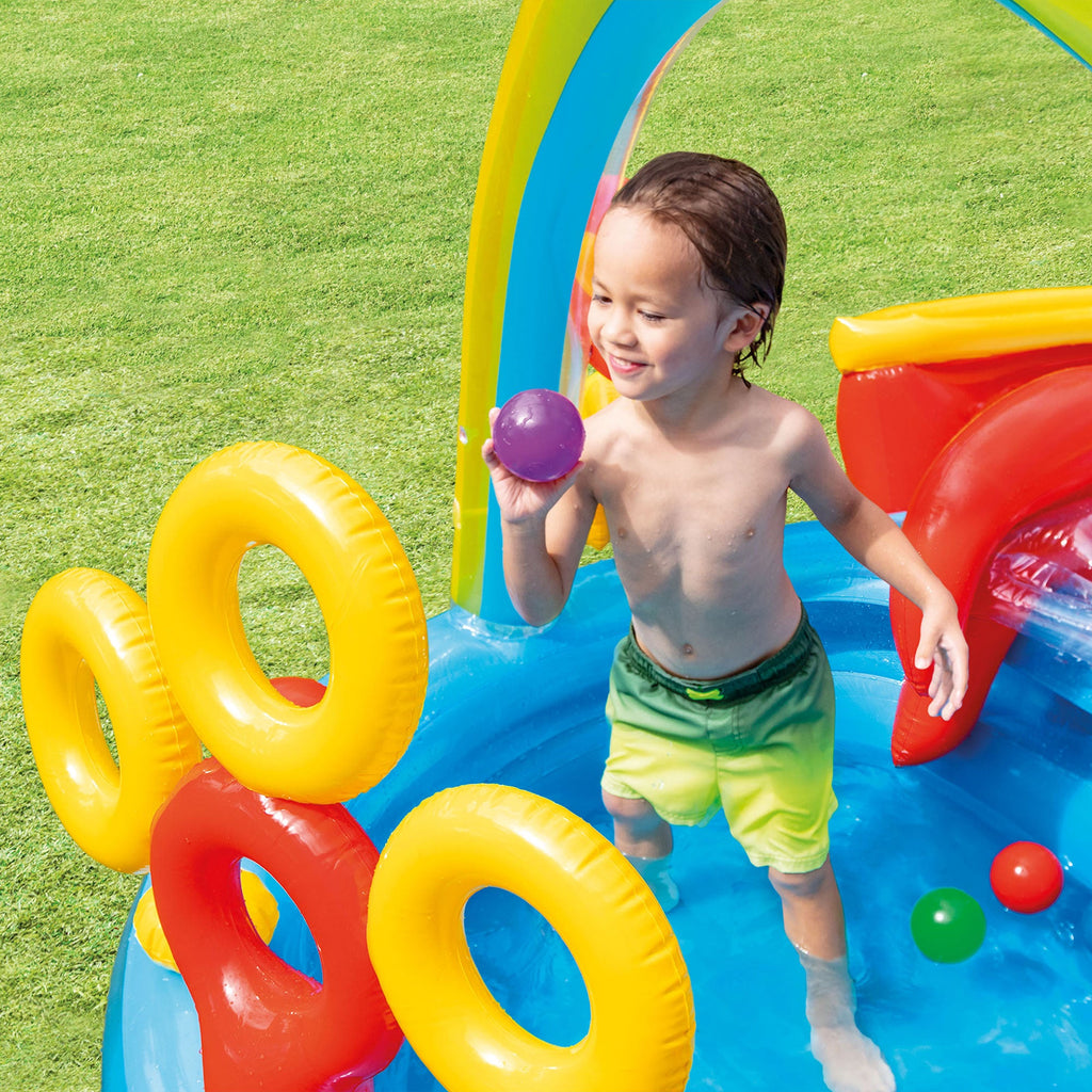 Intex 9.75 x 6.3 Foot Rainbow Slide Inflatable Pool and Water Slide Ring Center — image 11