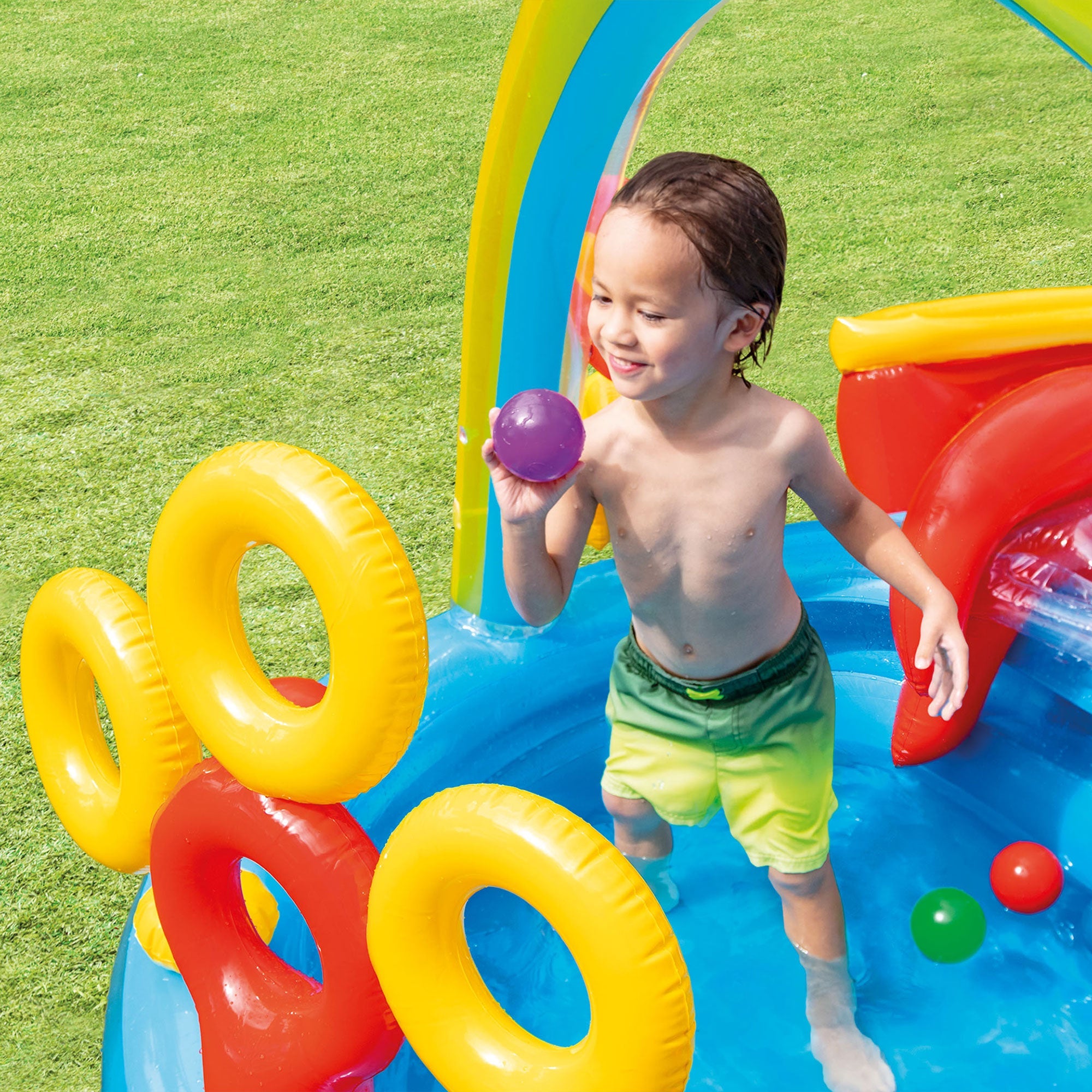 Intex 9.75 x 6.3 Foot Rainbow Slide Inflatable Pool and Water Slide Ring Center — image 11