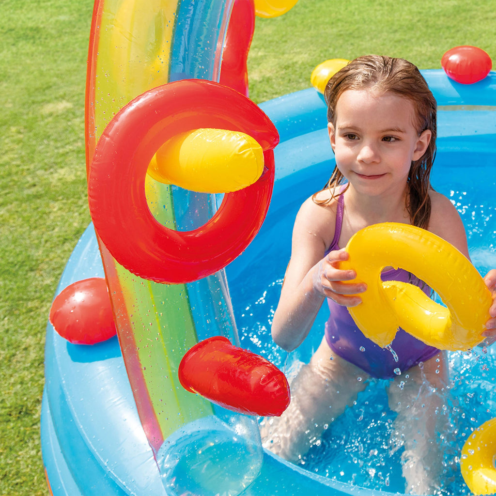 Intex 9.75 x 6.3 Foot Rainbow Slide Inflatable Pool and Water Slide Ring Center — image 12