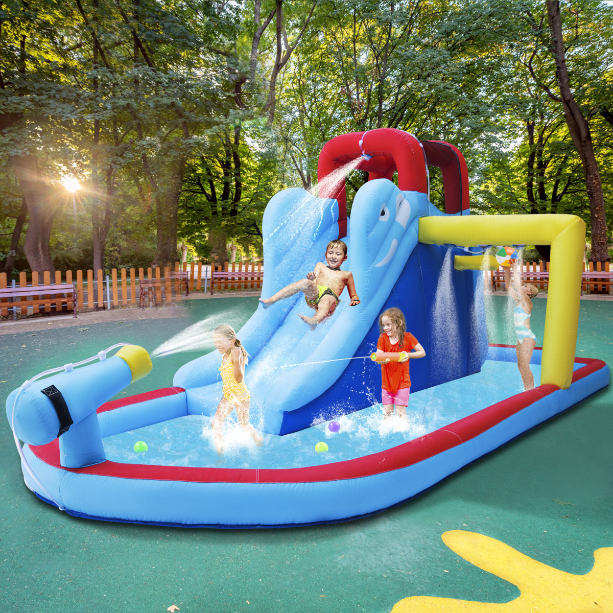 Adam 12' x 11' Inflatable Water Slide Bouncy Castle Bounce House with Air Blower Ball Pool Kids Birthday Gift Indoor/Outdoor, Dry/Wet