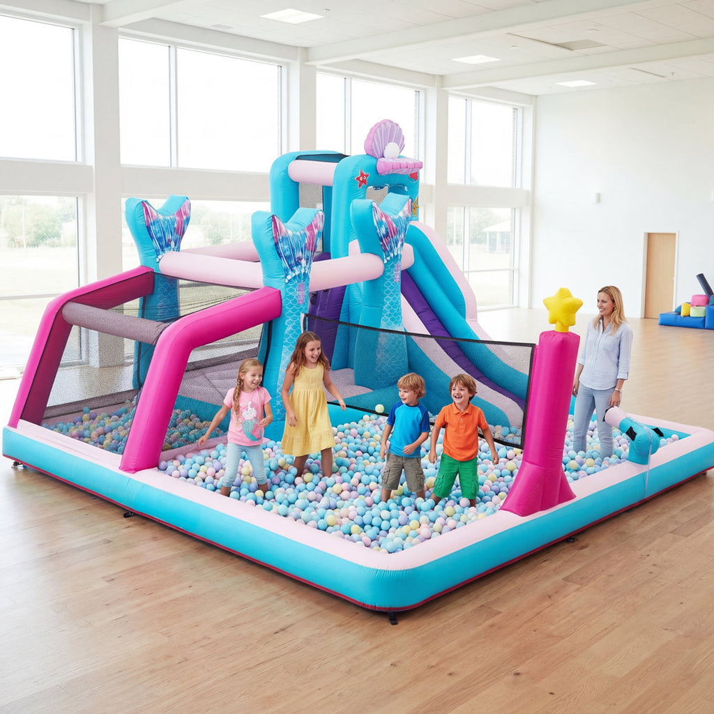 Inflatable Bounce House With Water Slide, W/Cloud Spray Water And 750W Air Blower