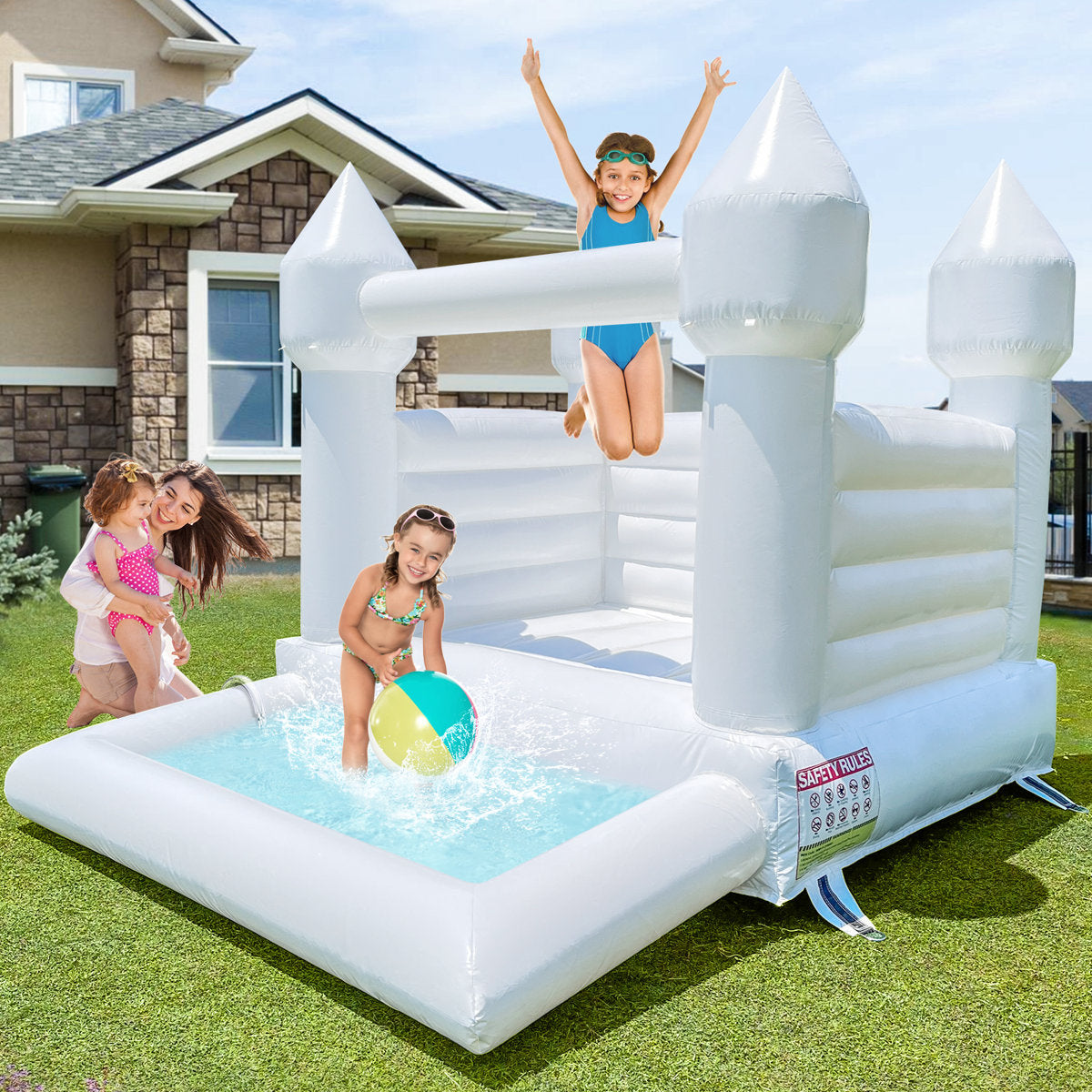8' x 10' 100% Vinyl White Bounce House with Ball Pit and Air Blower