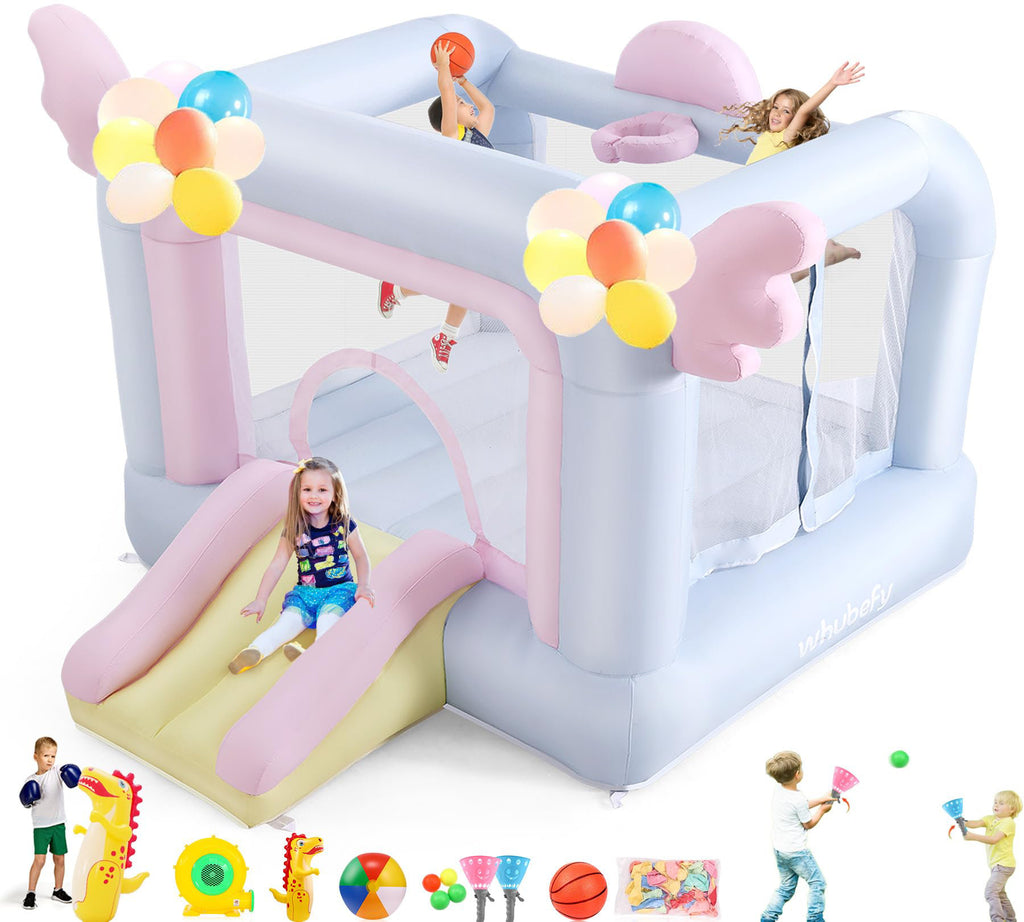 9.5' X 8.6' Inflatable Bounce House With Punching Bag, Beachball, Basketball, Macaron Balloons, Catch Ball Set
