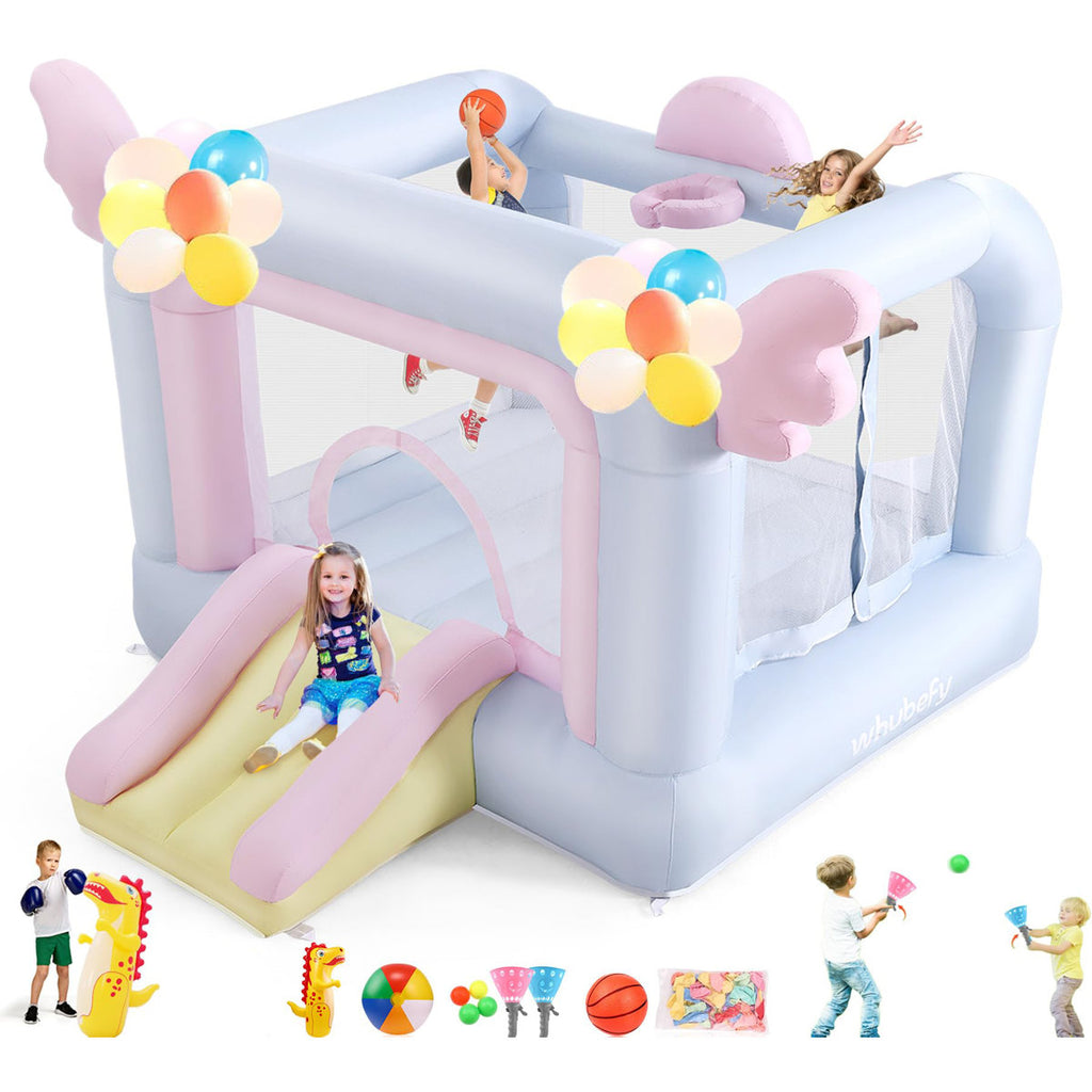 9.5' X 8.6' Inflatable Bounce House With Punching Bag, Beachball, Basketball, Macaron Balloons, Catch Ball Set