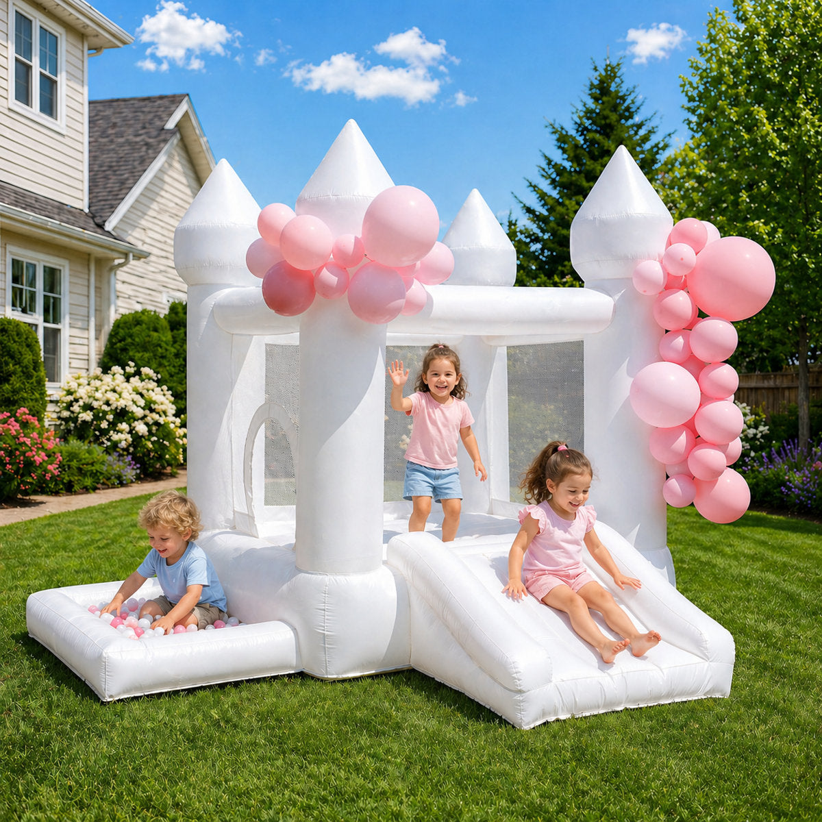9' x 9' White Bounce House with Slide and Blower