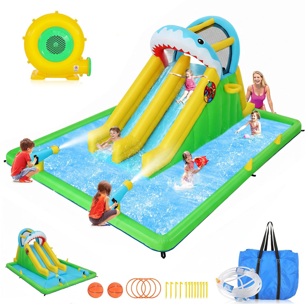 Adam 12X15FT Bounce House For Kids 3-10, Inflatable Bouncy House Water Park With Blower, 2 Racing Slides, Water Cannon, Ball Pit Pool, Wet/Dry Use, Water Castle With Water Slide For Indoor Outdoor Backyard