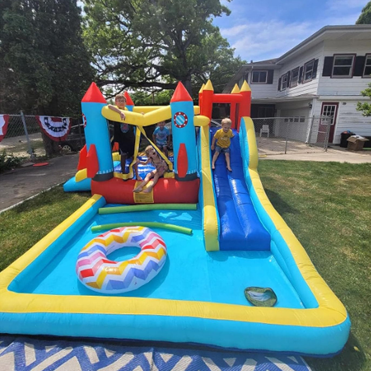 Lumen 6-in-1 Inflatable Water Slide with Splash Pool, Slide, Climbing Wall, Water Cannon, Inflatable Bounce House for Kids with Inflation