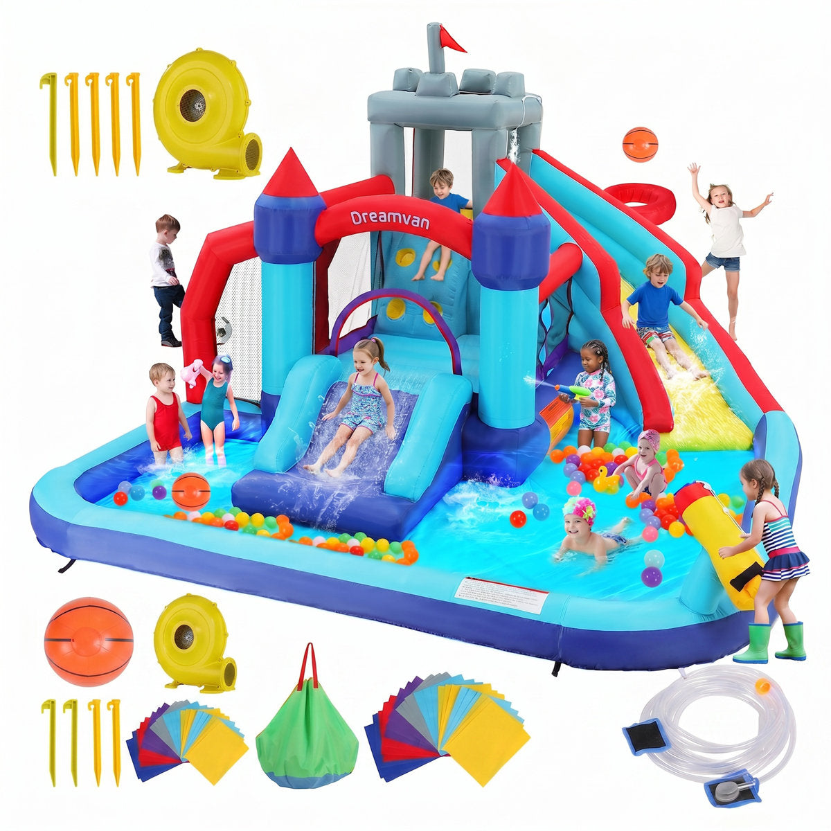 14.1' x 11.58' Bounce House with Water Slide and Air Blower