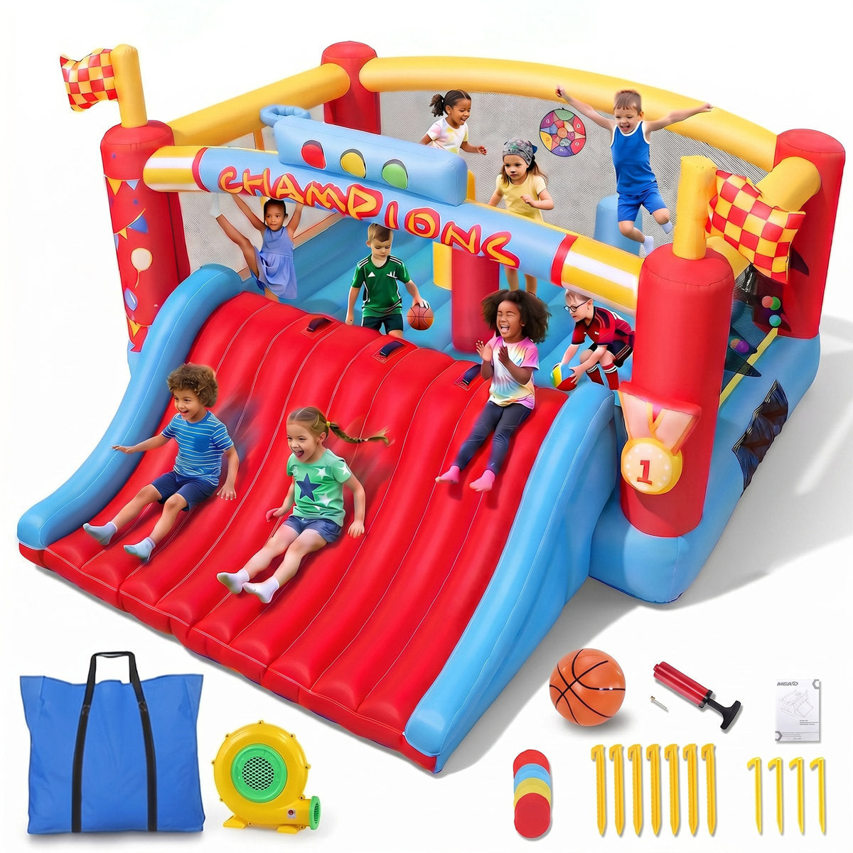 Adam 13.4X13.3Ft Extra Large Inflatable Bounce House For Big Kids, 13FT Outdoor Inflatable Bouncers With Blower, Double Basketball Hoop, Jumping Bouncy Castle