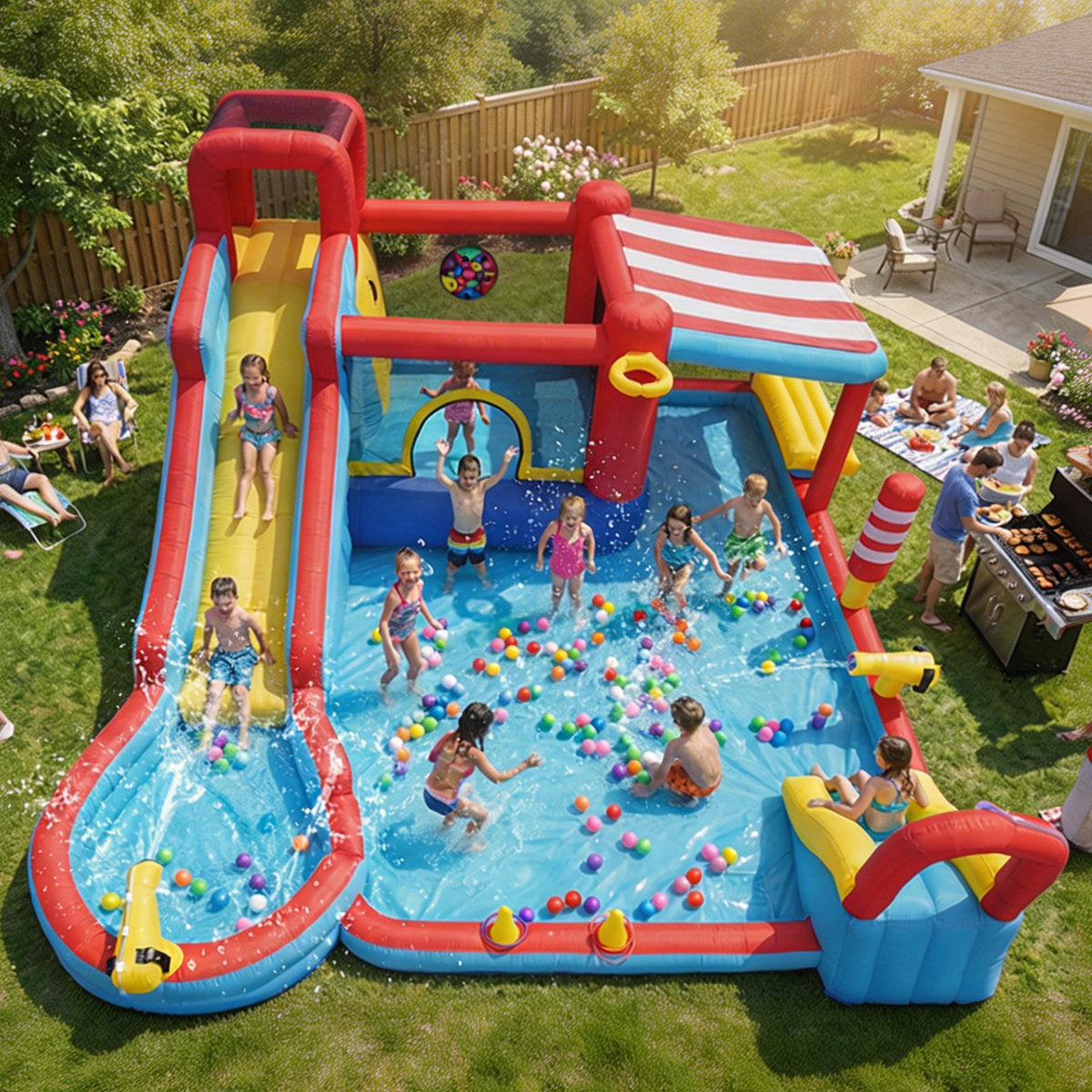 17.81' X 13.75' Inflatable Slide With Water Slide, 840D+420D Oxford Fabric, Long Slide/Splash Pool/10 Accessories, Suitable For 10 Kids, Indoor&Outdoor