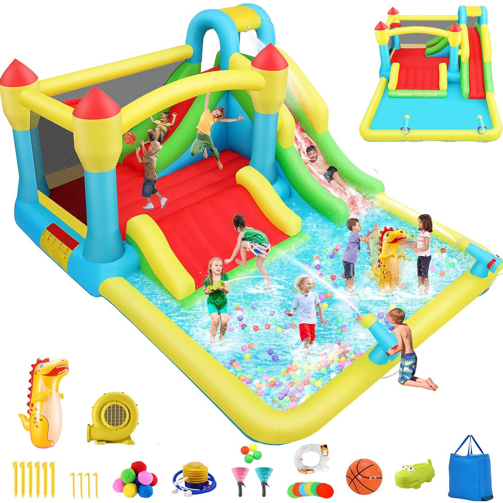 Adam 15.6ft x 11ft Inflatable Water Slide 13-in-1 Outdoor Inflatable Bounce House for Kids with 550W Blower, Splash Pool, Climbing Wall, 2 Water Cannons, Water Slides, Punching Game for Gift Backyard Party (Water Bounce House)