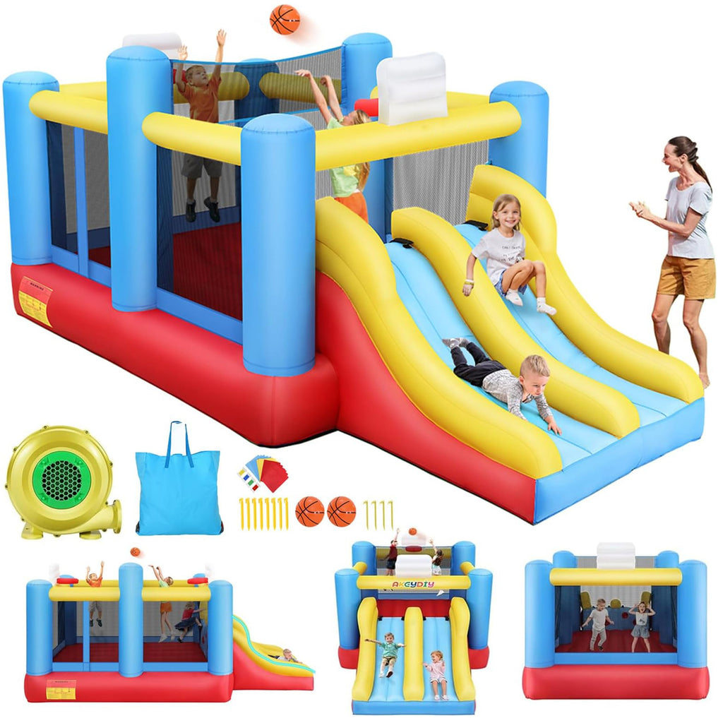 Adam 15'x7.8' x7.6' Indoor Inflatable Bounce House with Blower, Indoor Outdoor Bouncy House with Blower for Kids, Sports Ball Game Theme Park Bouncer w/Double Slide, Large Bounce Area, 2 Basketball Hoops, Removable Volleyball Net