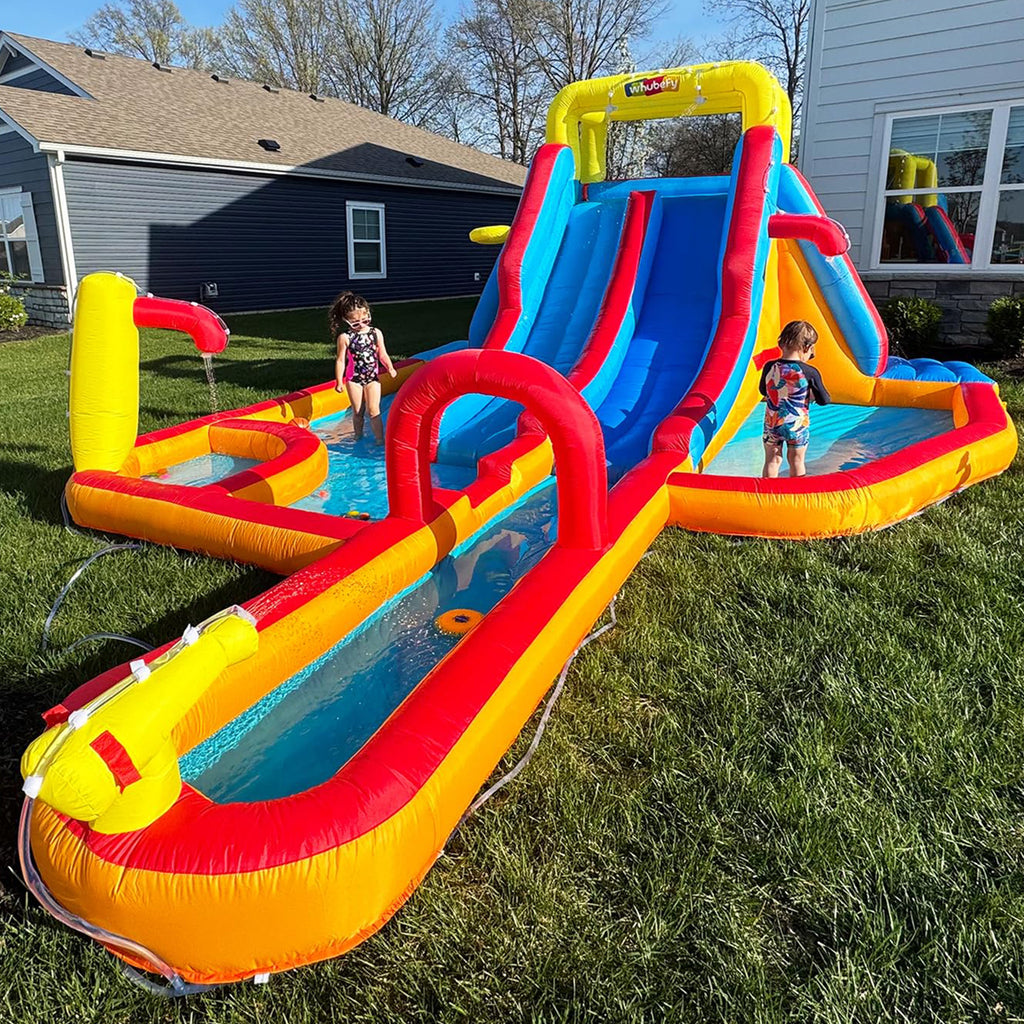 Adam 18Ft X 14Ft Mega Inflatable Water Slide Park with Air Blower, Holds 10 Kids Ages 3-12 | Extra Long Slides, Climbing Wall, Splash Pool, Kiddie Pool