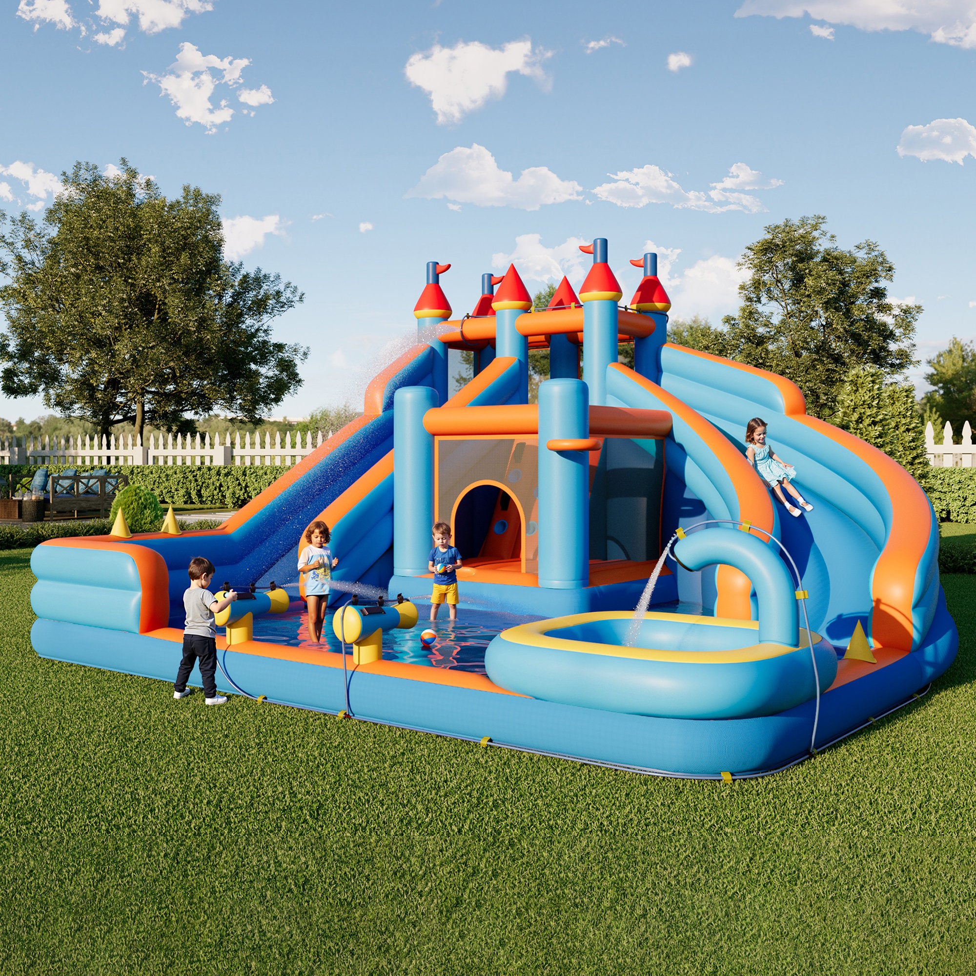 Bounce House, Inflatable Bouncer with 550W Air Blower, Jumping Castle with Slide, Outdoor Indoor Bouncy Castle with Oxford Fabric for Kids 3-12 (179.1×169.3×108.3IN)