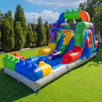 Lumen Block Party 12’ Tall Dual Lane Backload Inflatable Water Slide With Attached Pool, For Kids And Adults, Commercial Grade Pvc Vinyl, Outdoor Backyard Fun, Blow Up Water Park, (blower Included)