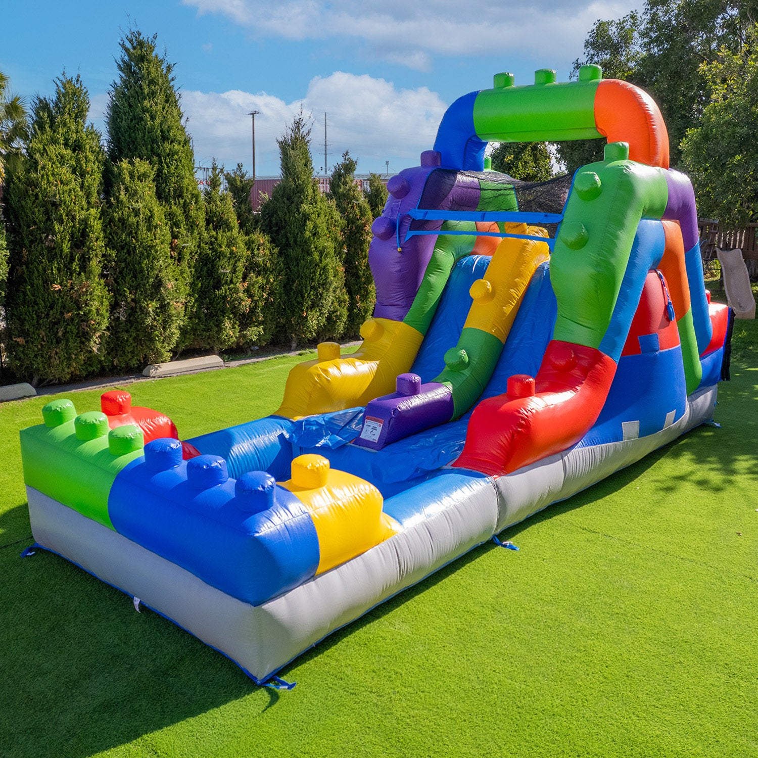 Lumen Block Party 12’ Tall Dual Lane Backload Inflatable Water Slide With Attached Pool, For Kids And Adults, Commercial Grade Pvc Vinyl, Outdoor Backyard Fun, Blow Up Water Park, (blower Included)