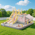 Inflatable Bounce House, Water Slide with Jumping Area, Climbing Wall, Splash Pool and Water Gun, Indoor Outdoor Jumper for Big Children, Air Blower Included, Pastel Color, 184x173x94 Inch