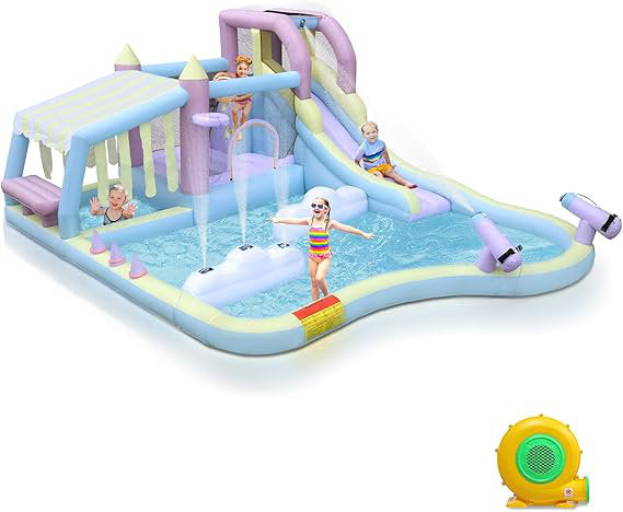 157" L X 118" W Inflatable Bounce House With 550W Air-Blower, Long Water Slide, Surf Slide