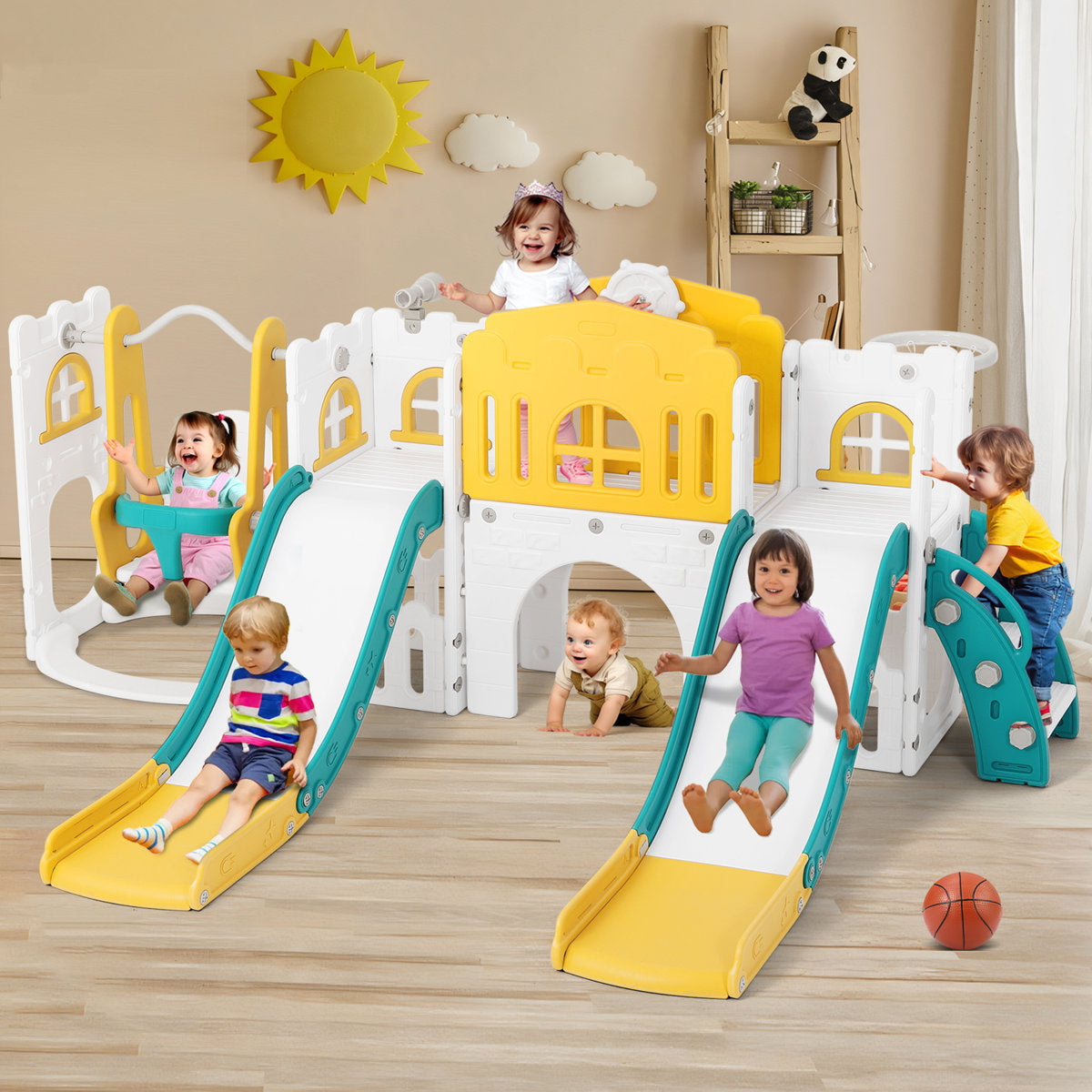 6 In 1 Double Slides Bounce House with Trampoline and Water Pool