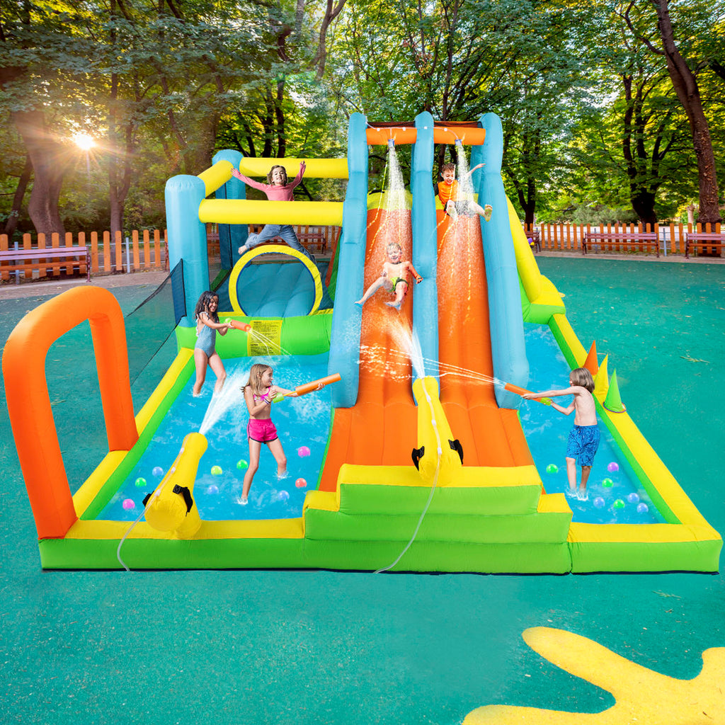 Large Inflatable Bounce House with Pretend Market Stand, Dual Slides & Water Pool, 750W Blower