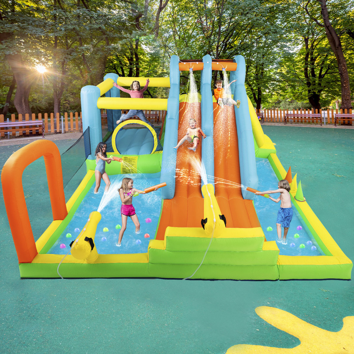 Large Inflatable Bounce House with Pretend Market Stand, Dual Slides & Water Pool, 750W Blower