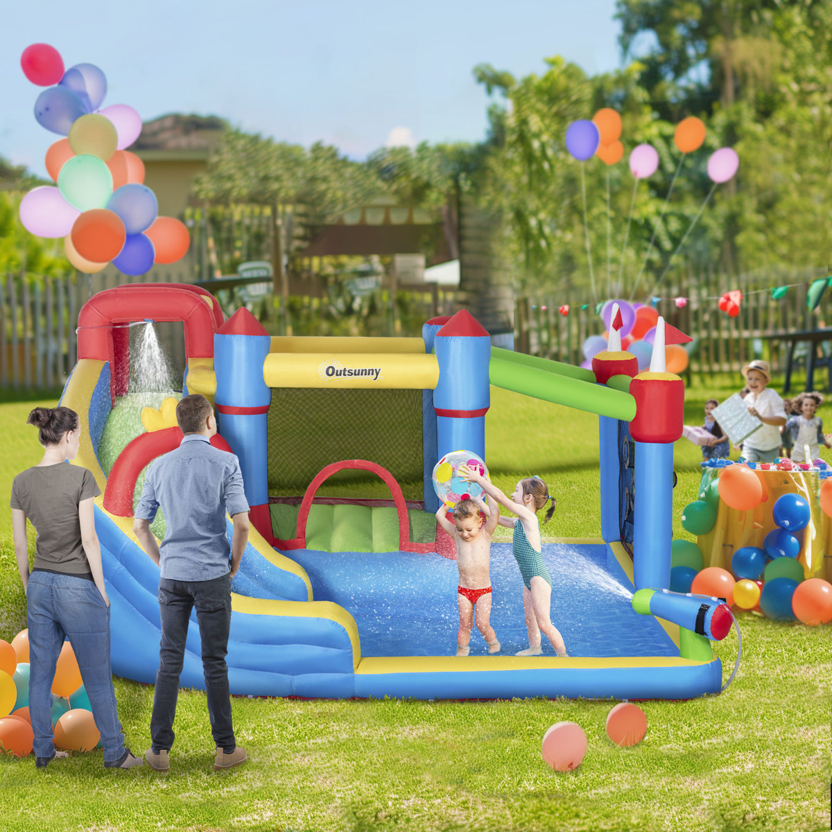 Lumen Inflatable Water Slide, Kids Bounce House Water Park with Pool, Climbing Wall, Water Cannon, Dual Slides, Trampoline, 5-in-1 Bouncy Castle with Air Blower for Outdoor Indoor Backyard Fun