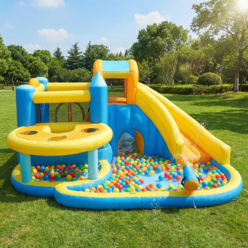 Oxford Cloth Inflatable Castle Bounce House In Blue And Yellow With Curved Slide, Whack-A-Mole & Water Play Function