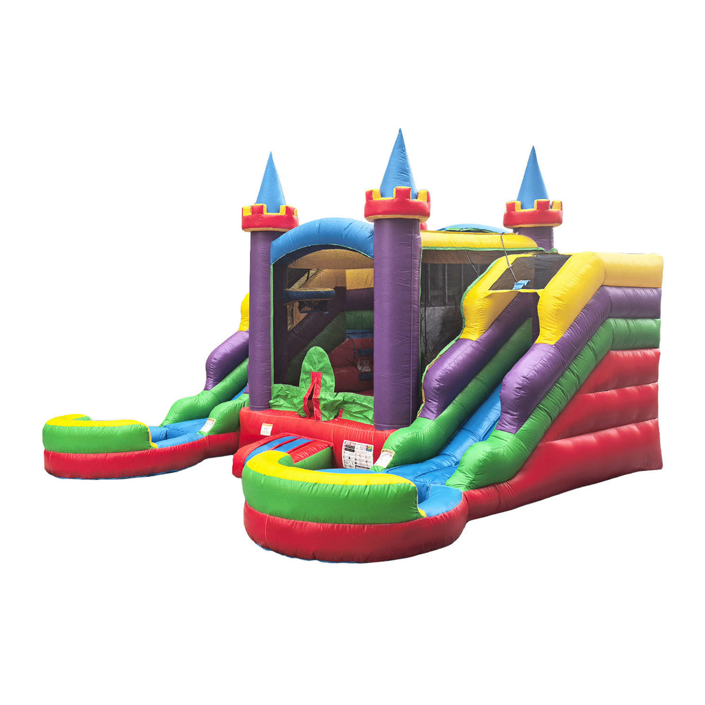 Lumen 16'x15'x12' Crossover Rainbow Castle Inflatable Bounce House with Dual Slide & Pool, Includes Blower
