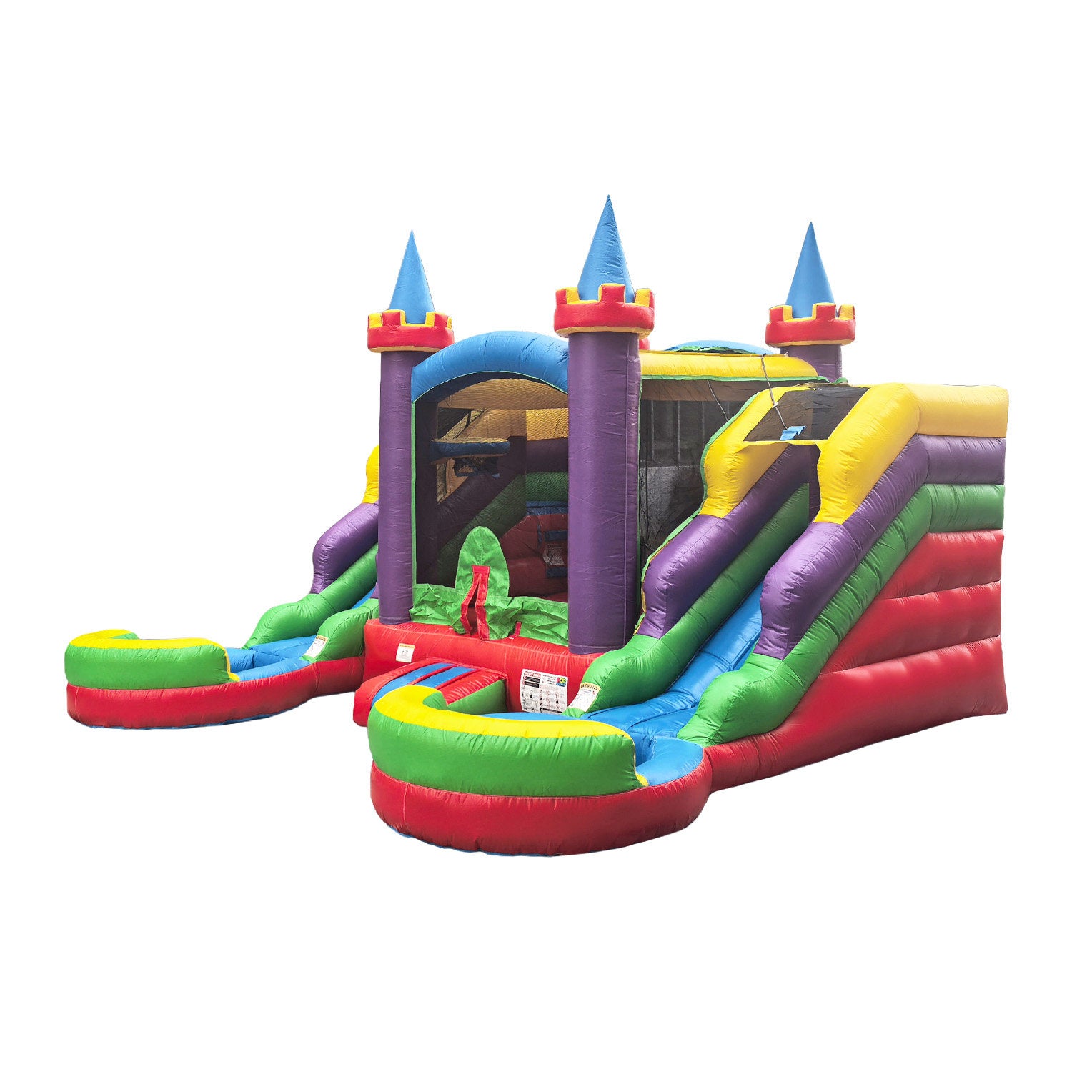 Lumen 16'x15'x12' Crossover Rainbow Castle Inflatable Bounce House with Dual Slide & Pool, Includes Blower