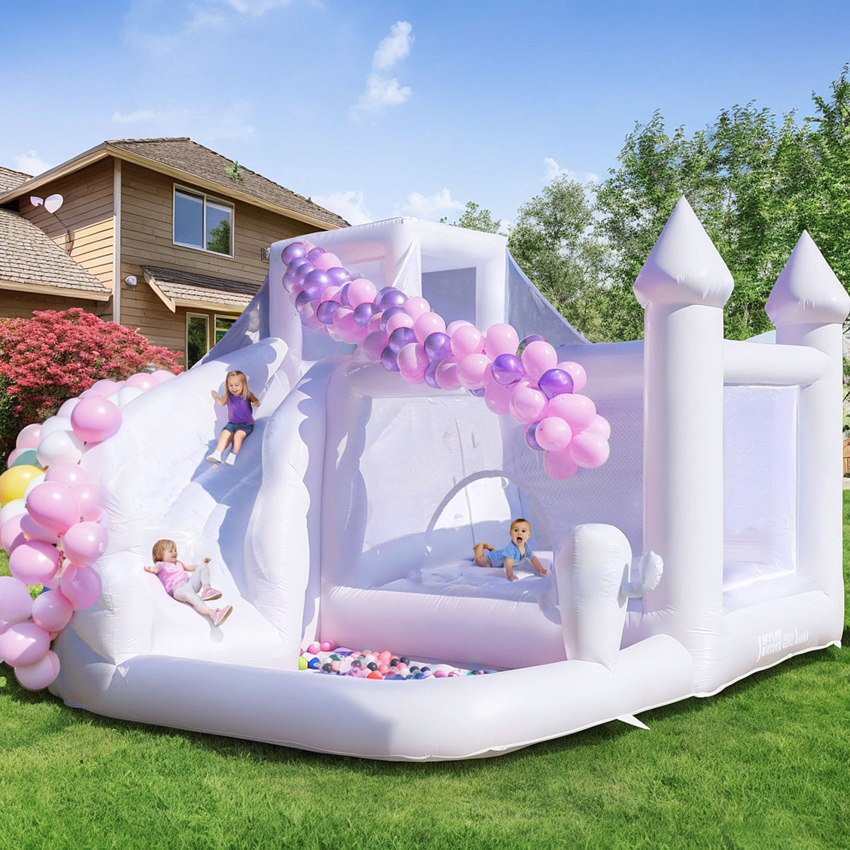 15' x 13' Commercial-Grade PVC White Bounce House with Slide, Ball Pit & 1100W Blower